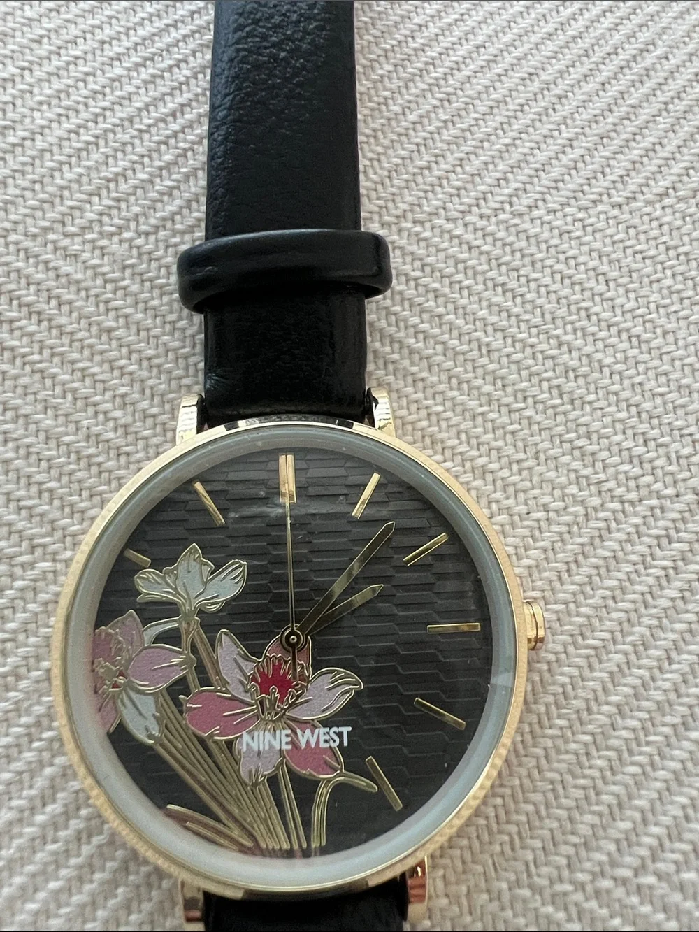 Nine West Women's Floral Dial Gold-Tone Watch with Black Leather Strap